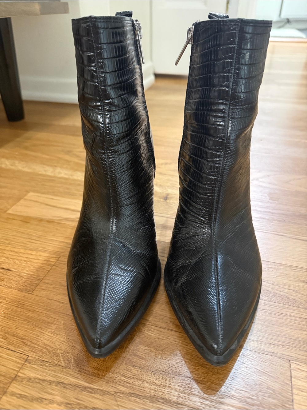 Marc Fisher Black Pointed-Toe Croc-Embossed Ankle leather Boots